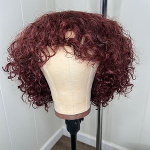 Burgundy curly bang bob